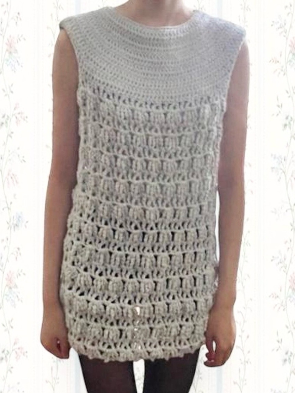 Handmade crochet light dusty blue 60s mini shift dress